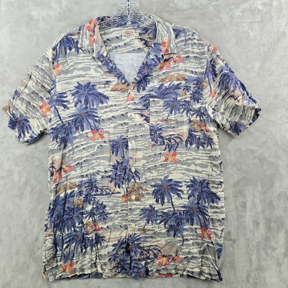 Faherty Hawaiian Button Down Shirt Mens Medium Blue Palm Tree Tropical Viscose